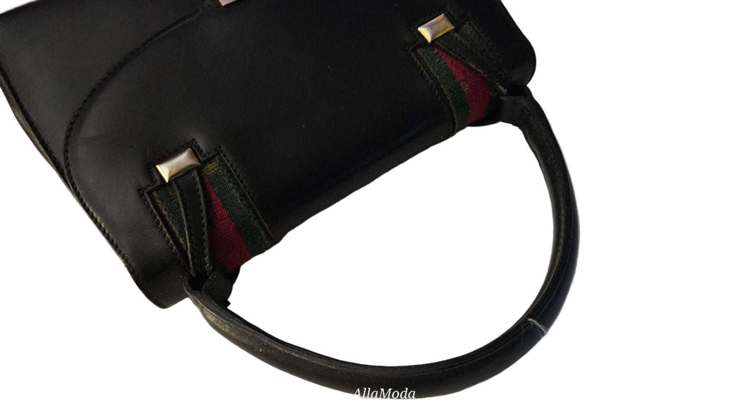 Gucci black leather Lady Lock Kelly bag with red & green Kelly stripe accents!