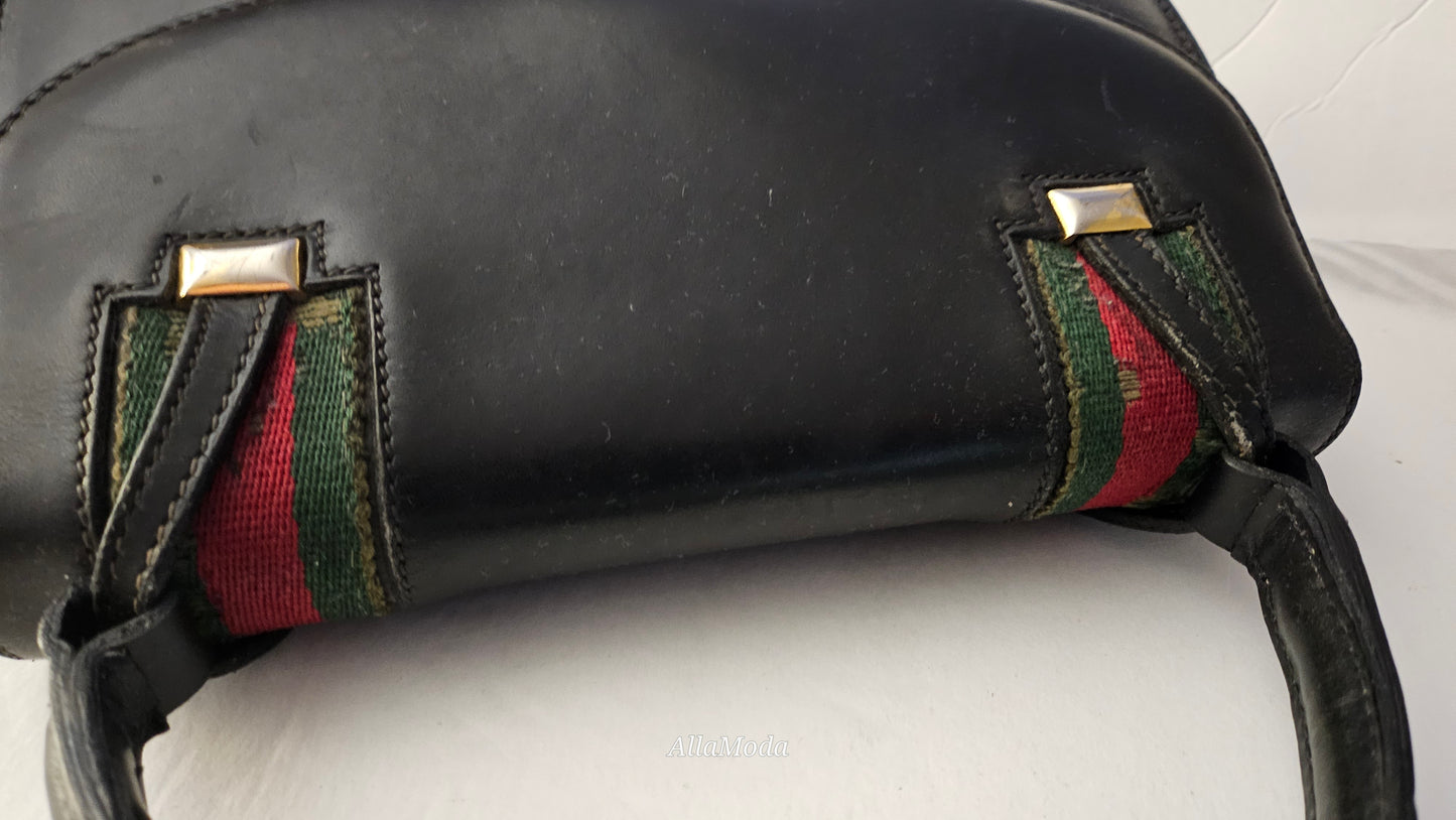 Gucci black leather Lady Lock Kelly bag with red & green Kelly stripe accents!