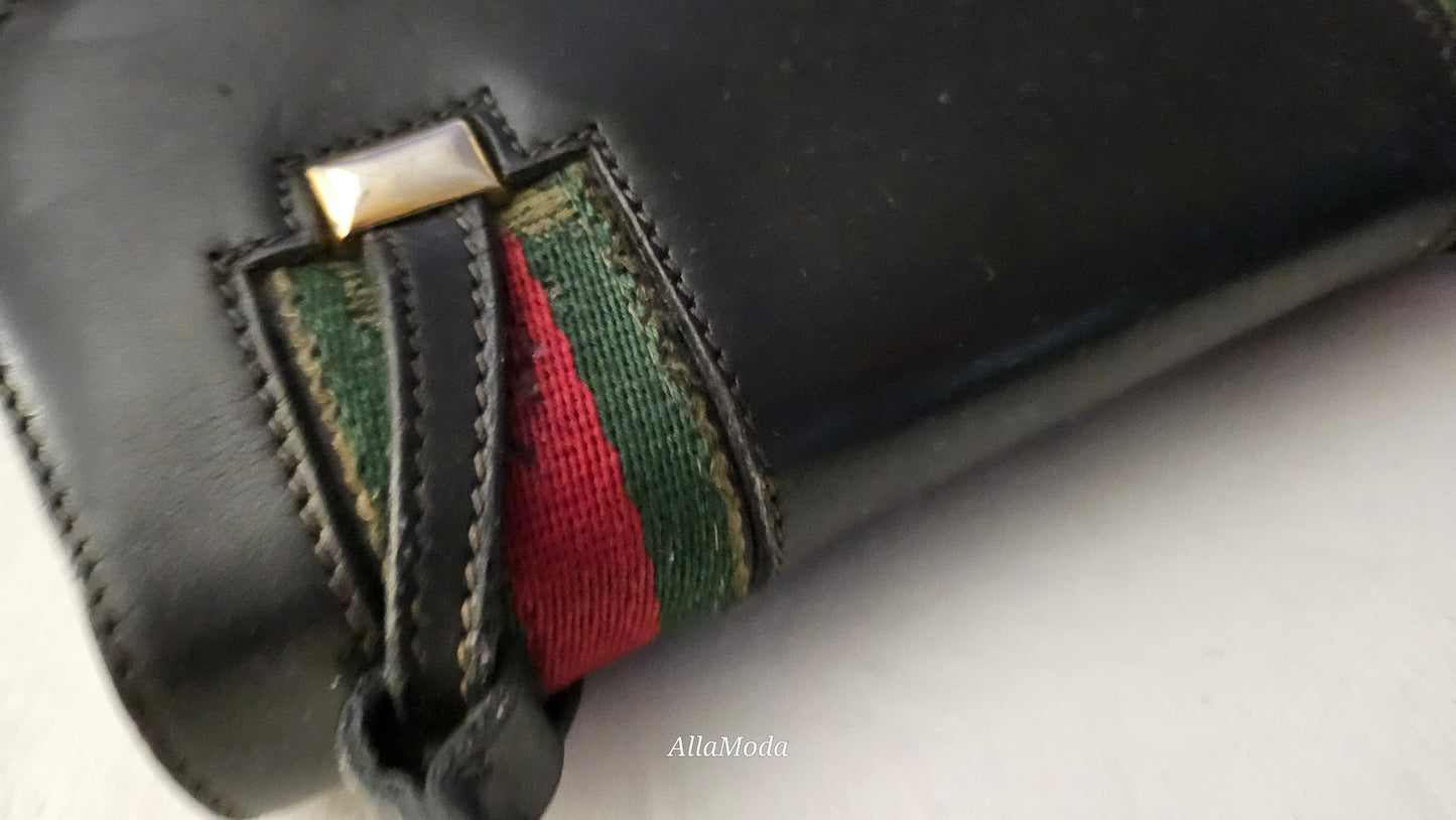 Gucci black leather Lady Lock Kelly bag with red & green Kelly stripe accents!