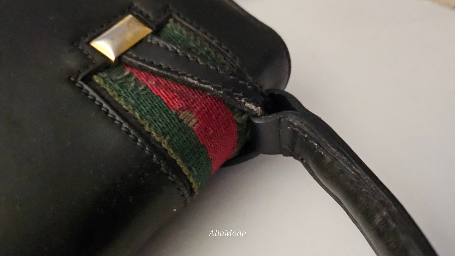 Gucci black leather Lady Lock Kelly bag with red & green Kelly stripe accents!