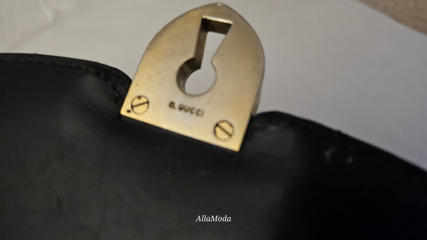 Gucci black leather Lady Lock Kelly bag with red & green Kelly stripe accents!