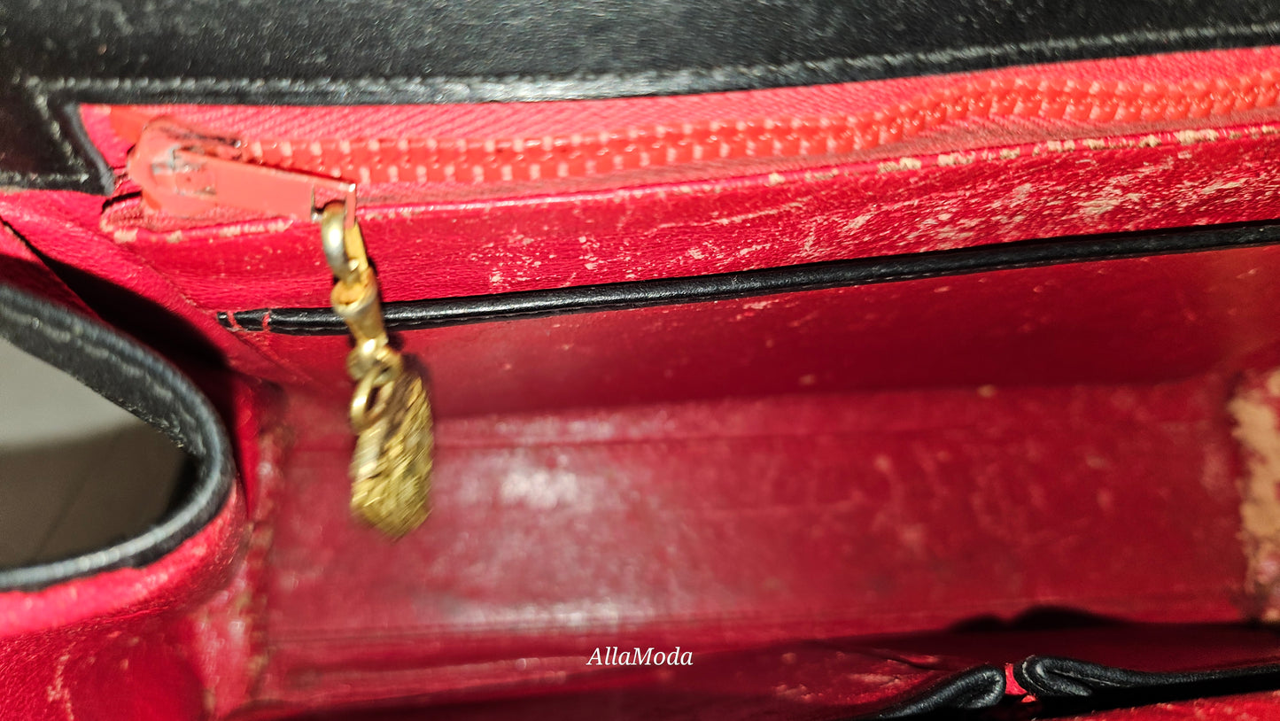 Gucci black leather Lady Lock Kelly bag with red & green Kelly stripe accents!