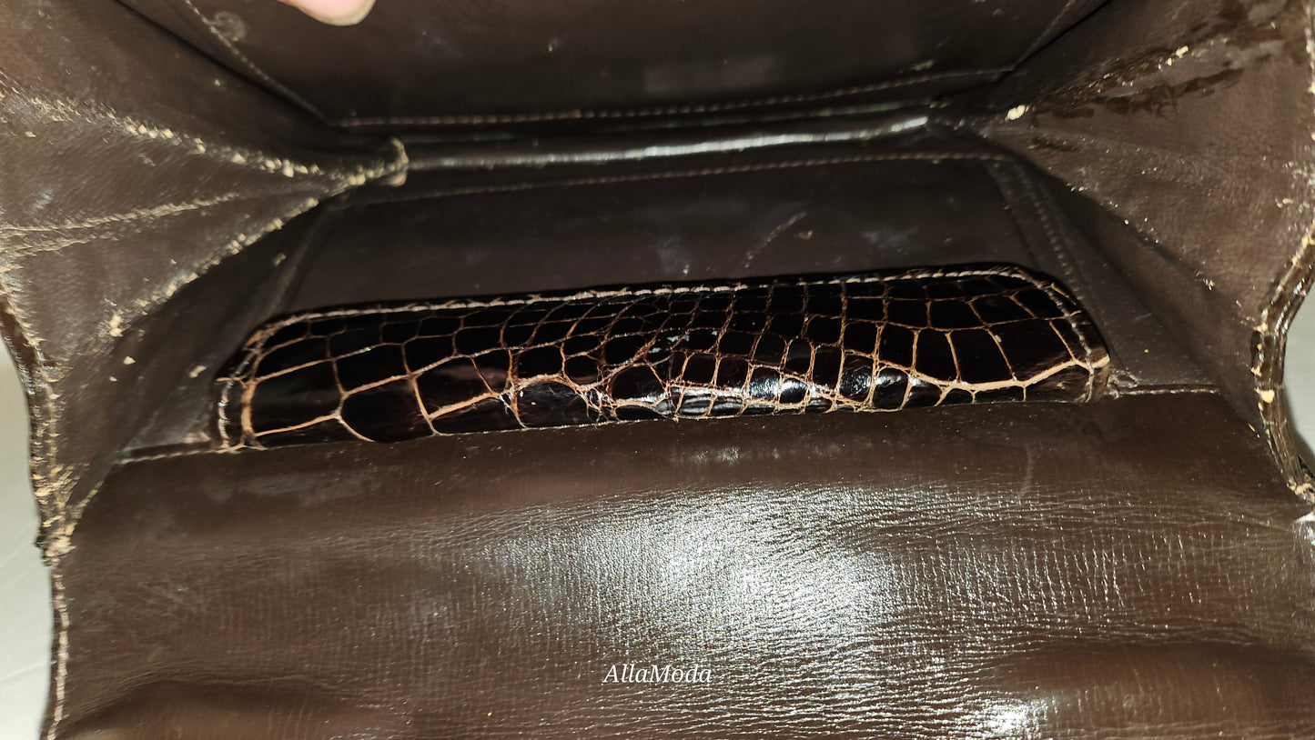 Fendi brown crocodile leather bag w two-tone chain strap & XL FF clasp