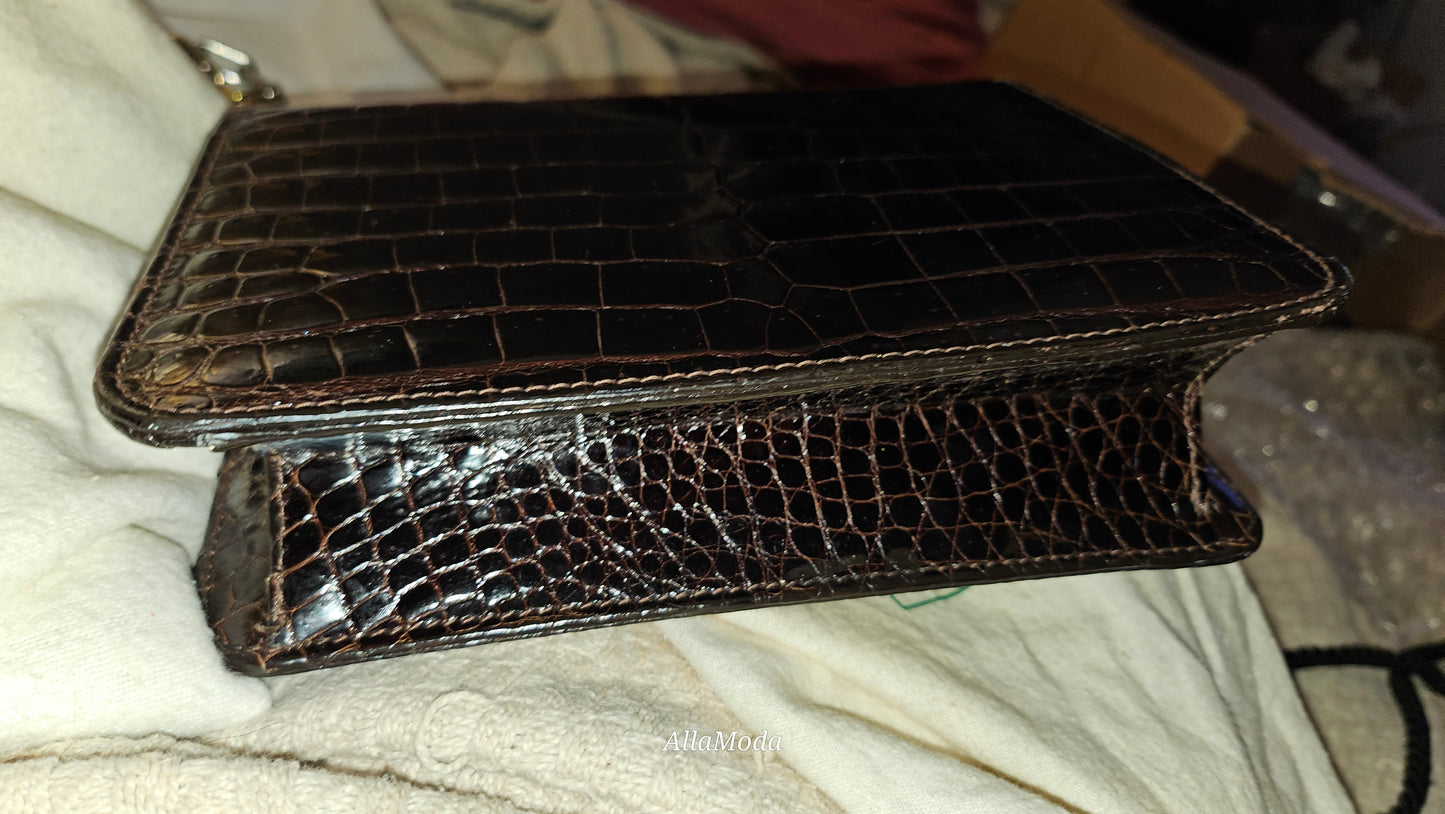 Fendi brown crocodile leather bag w two-tone chain strap & XL FF clasp