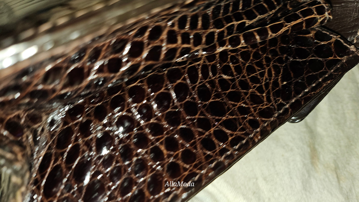 Fendi brown crocodile leather bag w two-tone chain strap & XL FF clasp