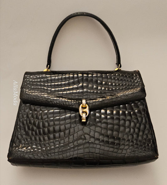 Gucci RARE 1960's black crocodile leather Kelly purse with Gucci link clasp