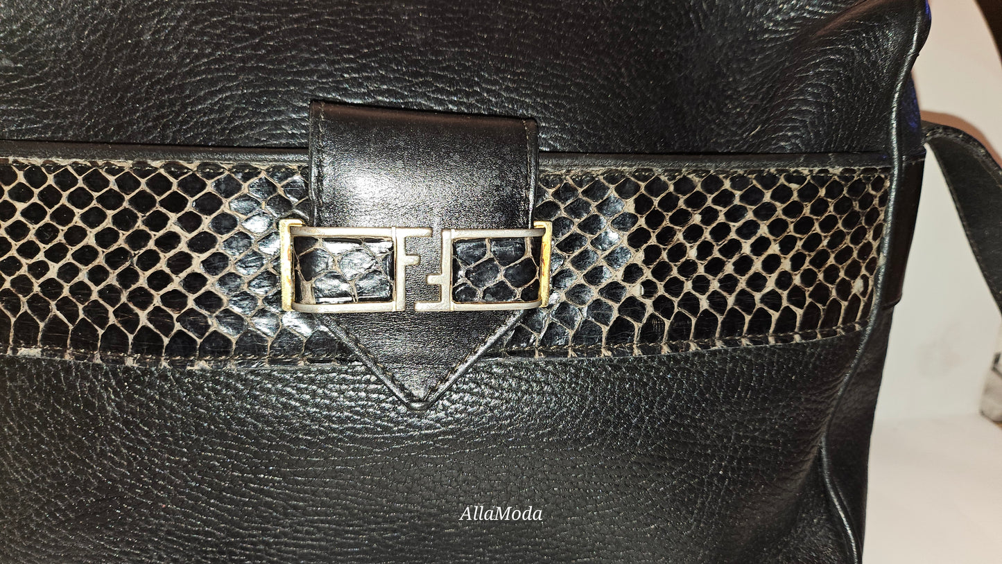 Fendi black leather & snakeskin cross body/messenger