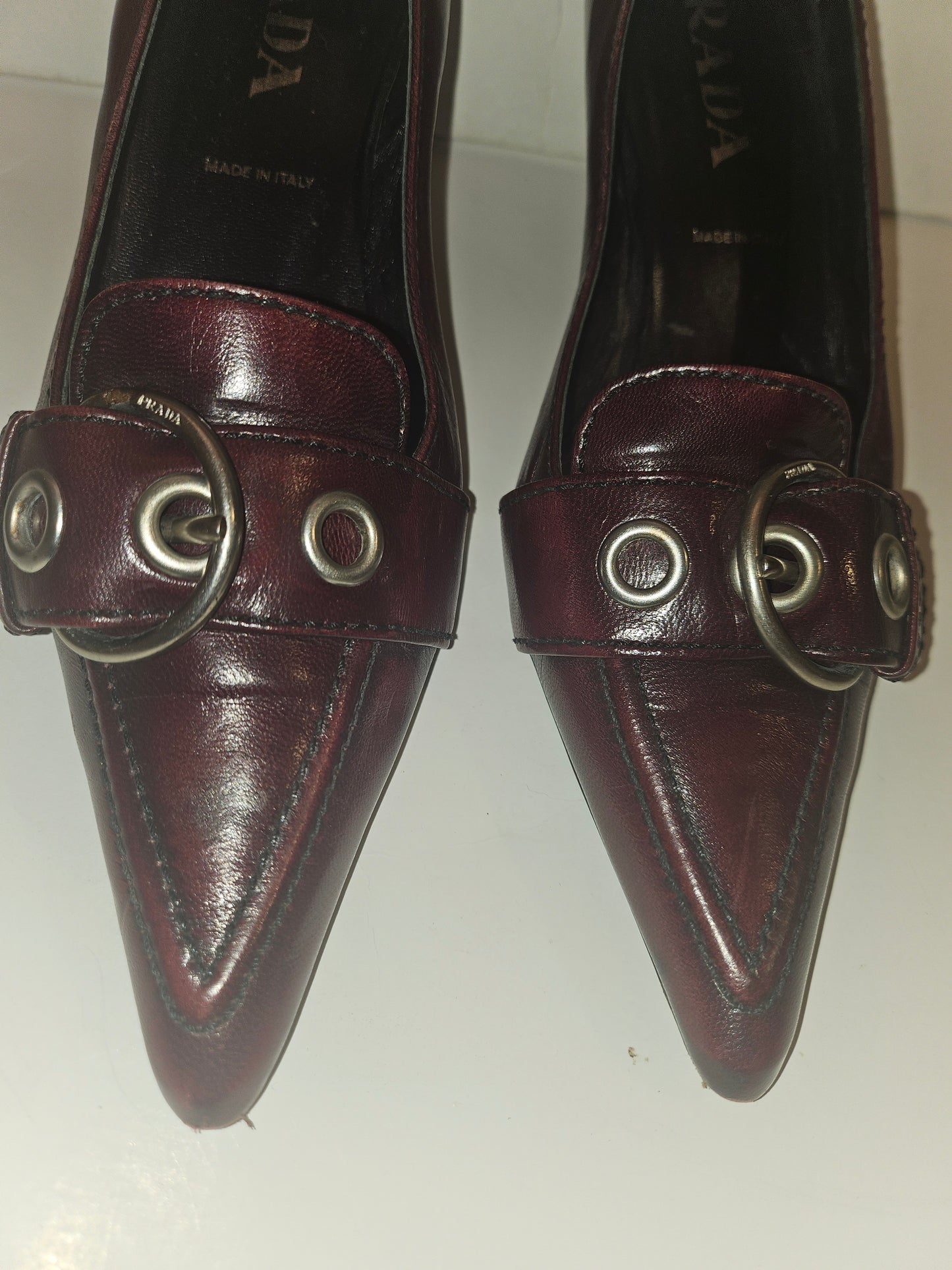 Prada rich burgundy-brown leather kitten heels in size 36.5