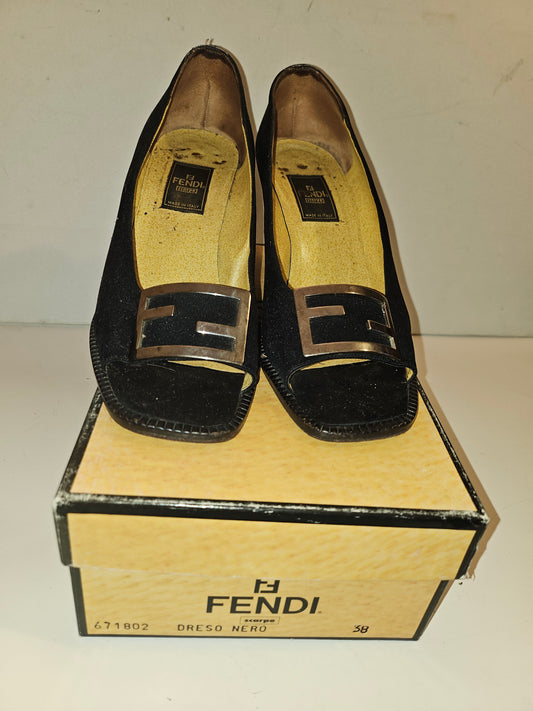 Fendi 'dress nero' black open toe heels w chrome FF accents!