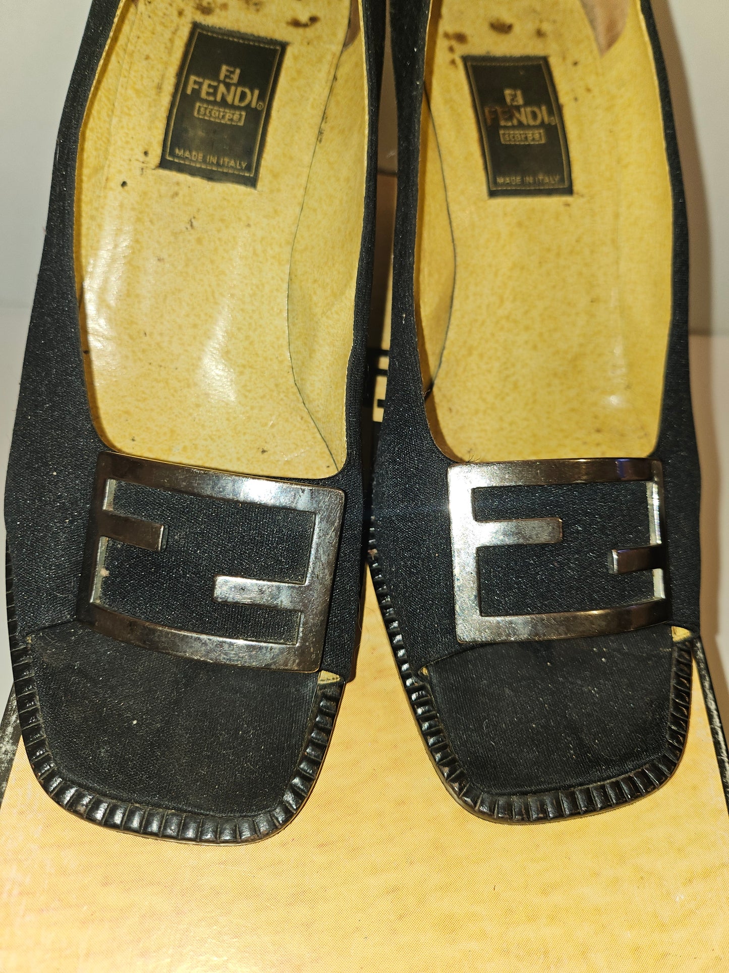 Fendi 'dress nero' black open toe heels w chrome FF accents!
