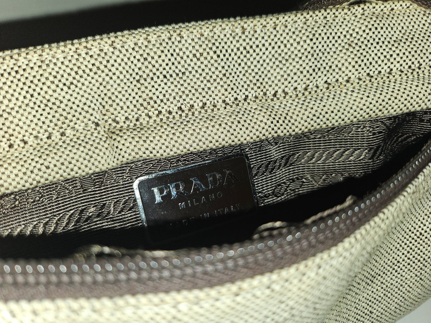 Prada linen/flax heavy fabric belt bag with chrome hardware