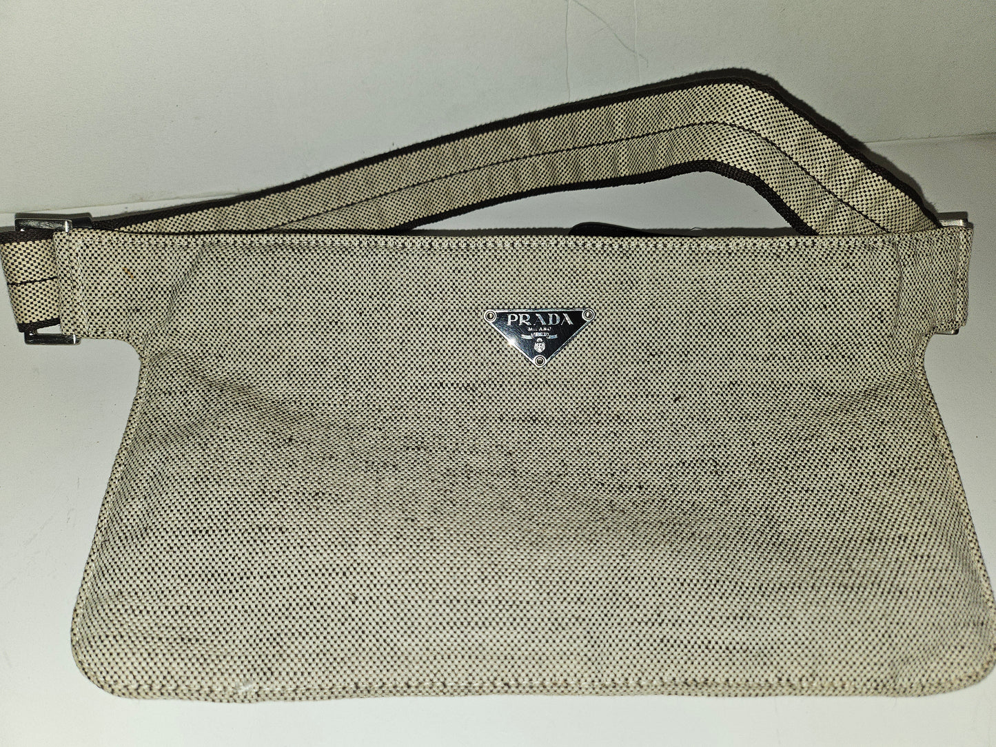 Prada linen/flax heavy fabric belt bag with chrome hardware