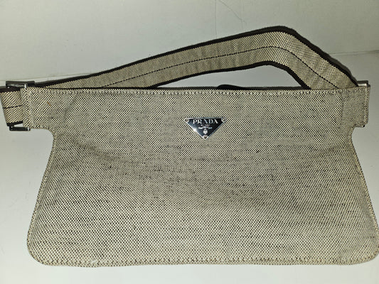 Prada linen/flax heavy fabric belt bag with chrome hardware