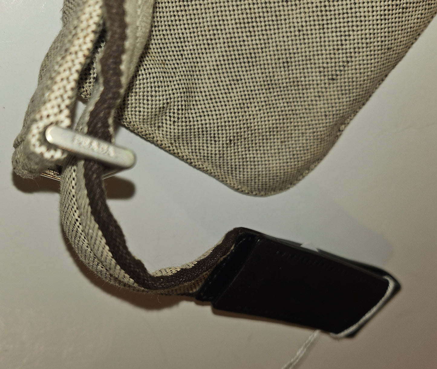 Prada linen/flax heavy fabric belt bag with chrome hardware