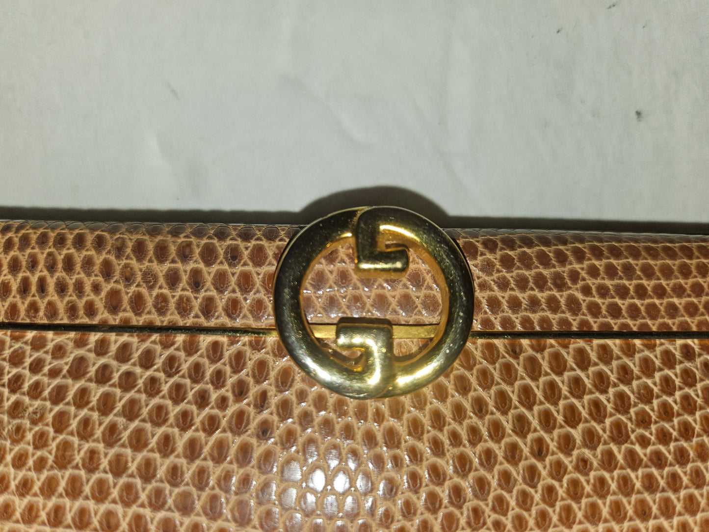 Gucci tan lizard leather interlocking G pill box clutch