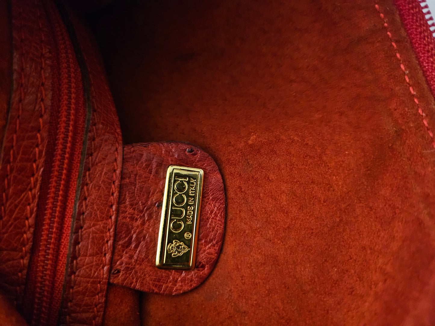 Gucci red ostrich leather cross body bucket bag