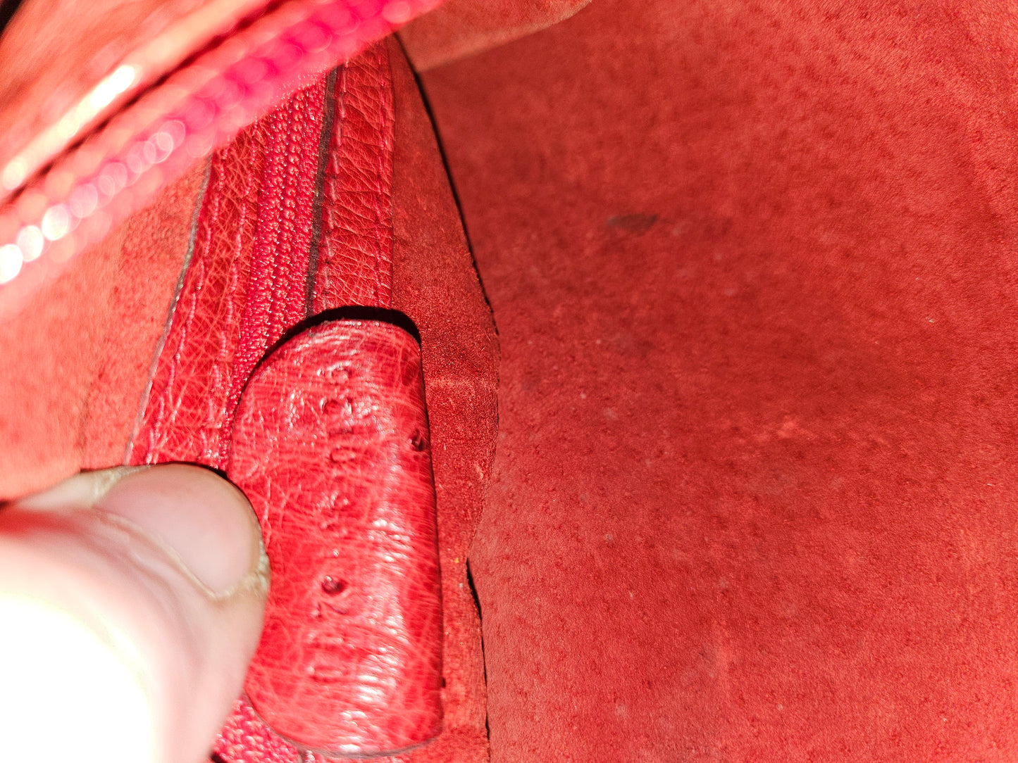 Gucci red ostrich leather cross body bucket bag