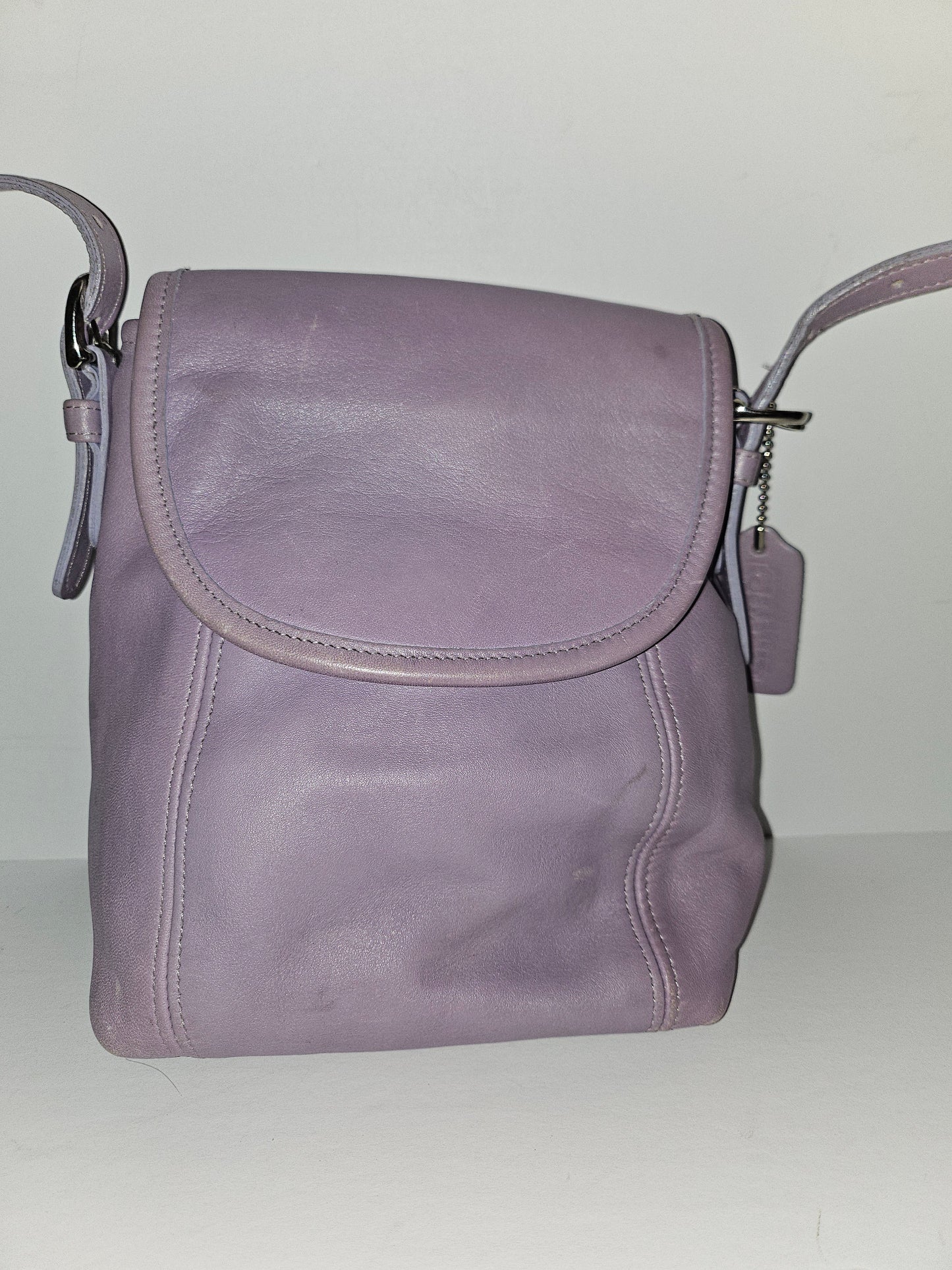 Coach lavender purple, petite, leather crossbody bag with chrome hardware