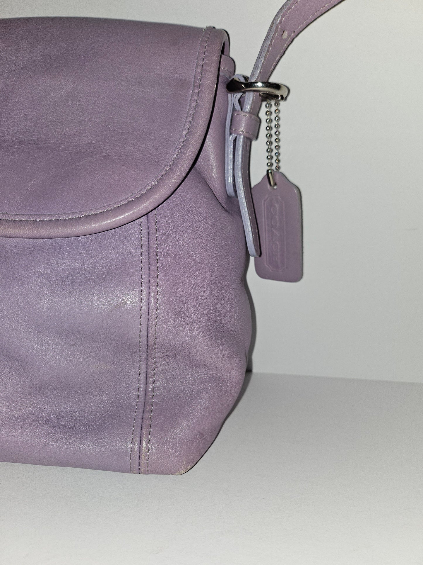 Coach lavender purple, petite, leather crossbody bag with chrome hardware