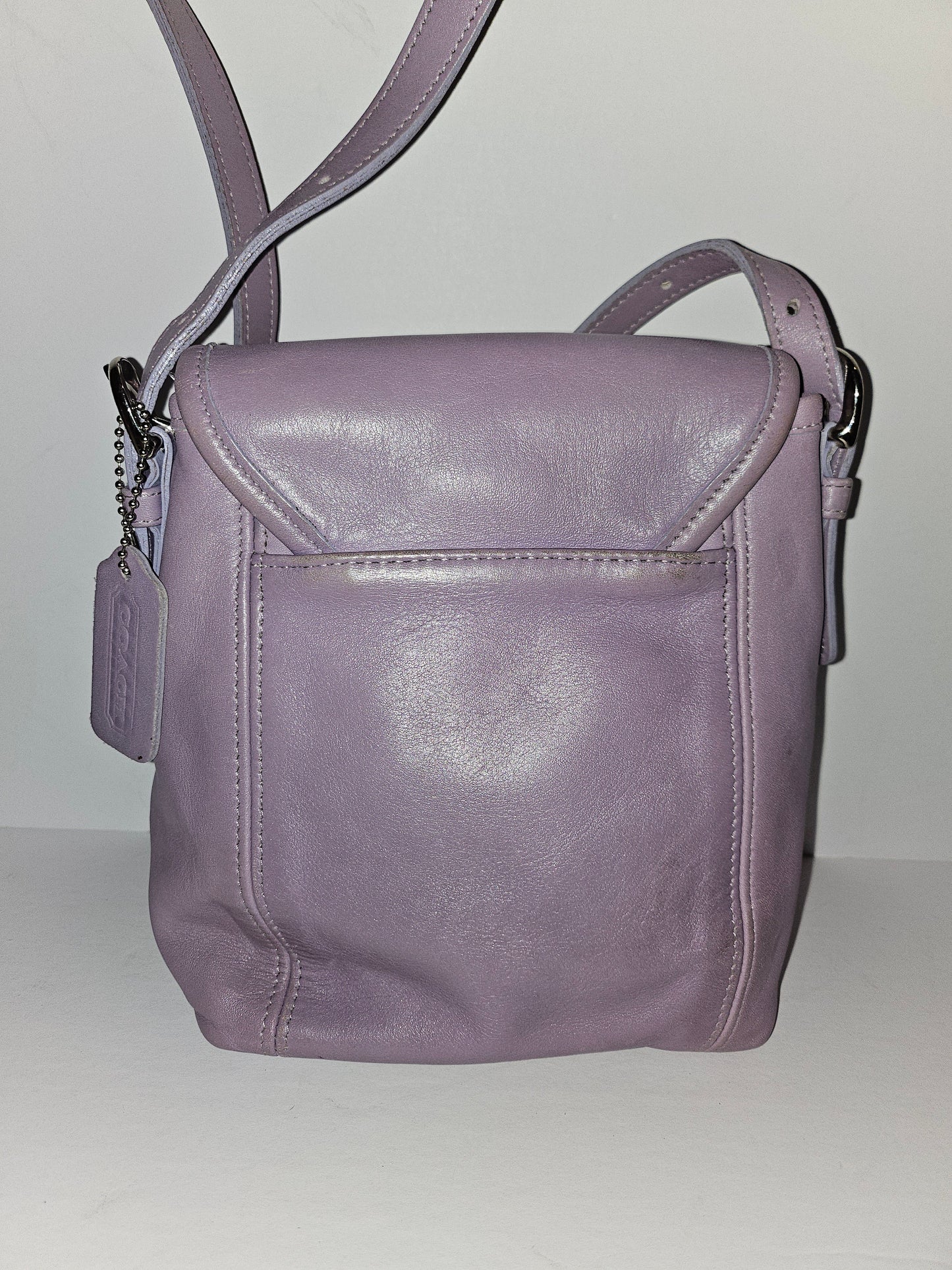 Coach lavender purple, petite, leather crossbody bag with chrome hardware