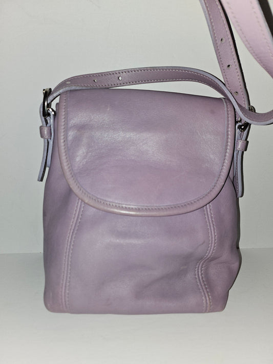 Coach lavender purple, petite, leather crossbody bag with chrome hardware
