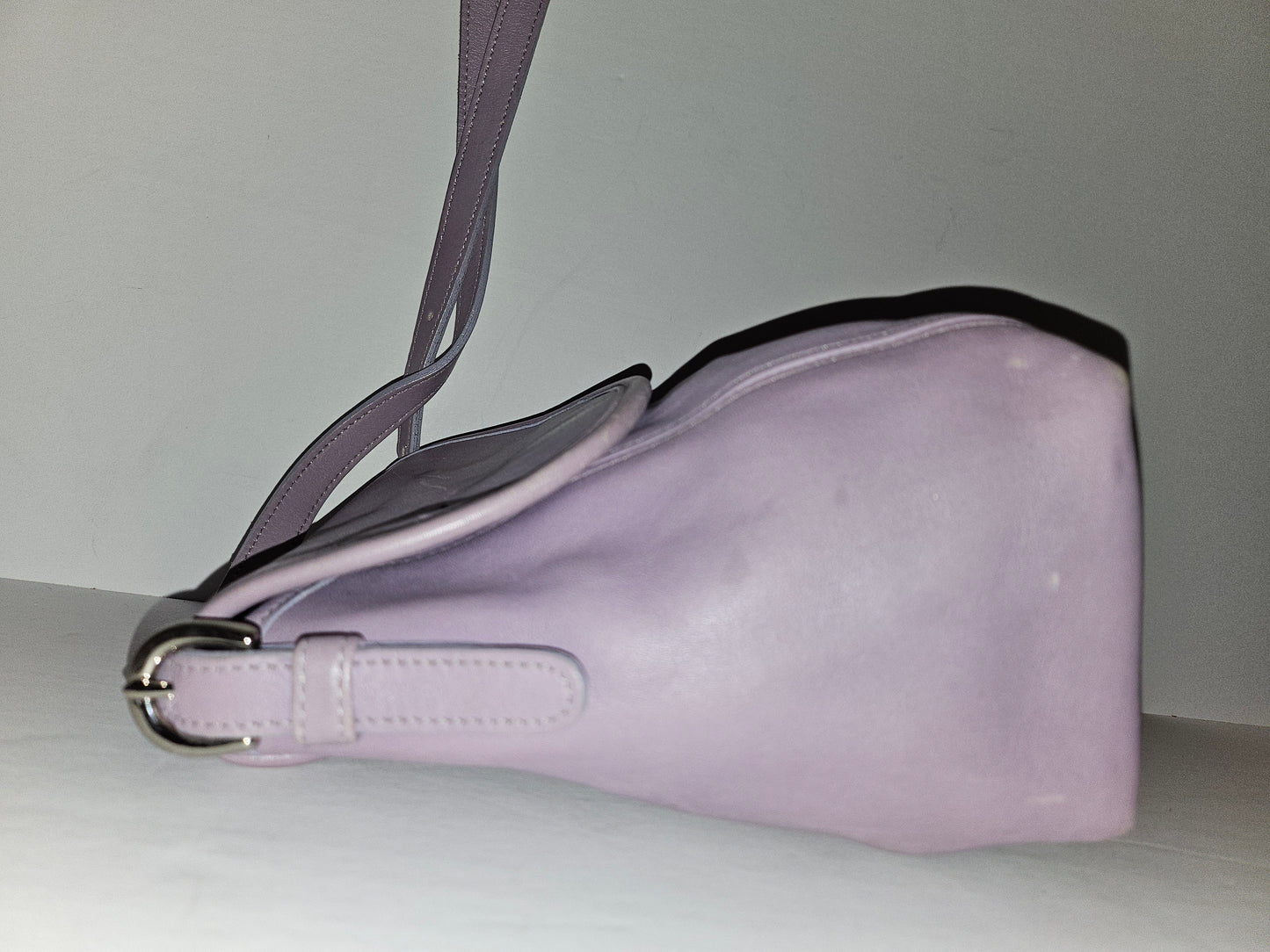 Coach lavender purple, petite, leather crossbody bag with chrome hardware