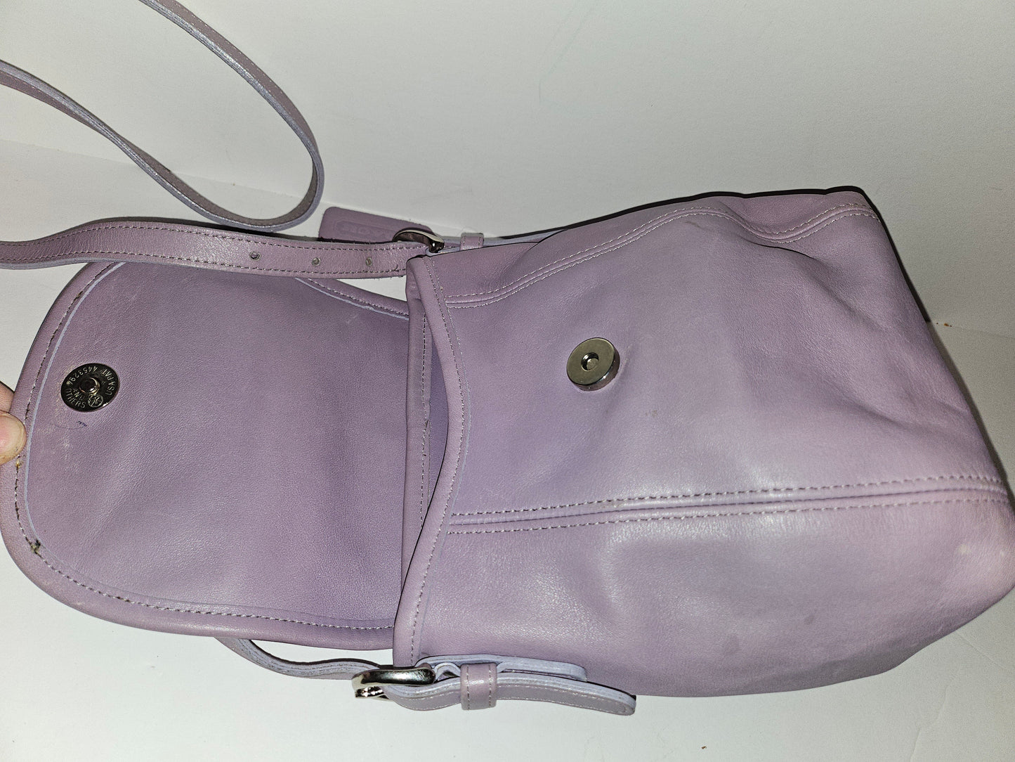 Coach lavender purple, petite, leather crossbody bag with chrome hardware