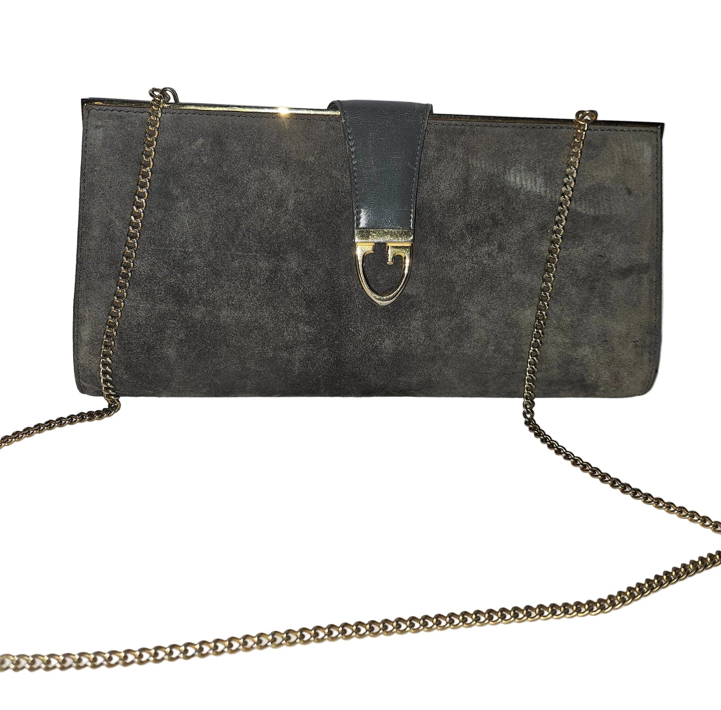 Gucci grey suede hinged top two-way bag w gold chain strap!