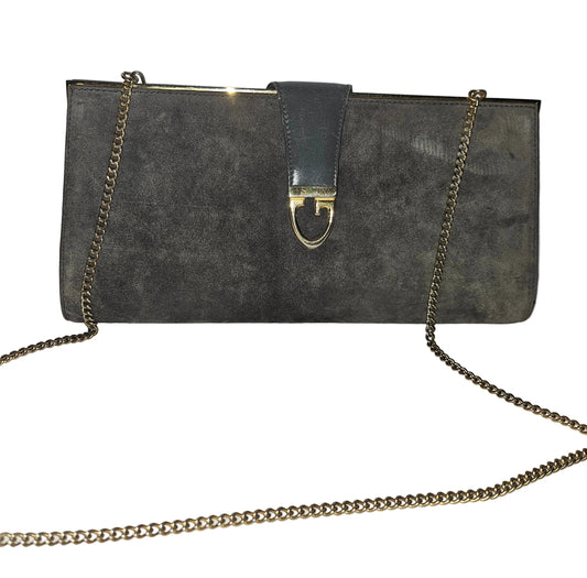 Gucci grey suede hinged top two-way bag w gold chain strap!