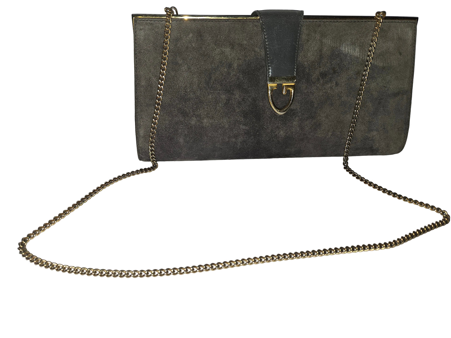 Gucci grey suede hinged top two-way bag w gold chain strap!