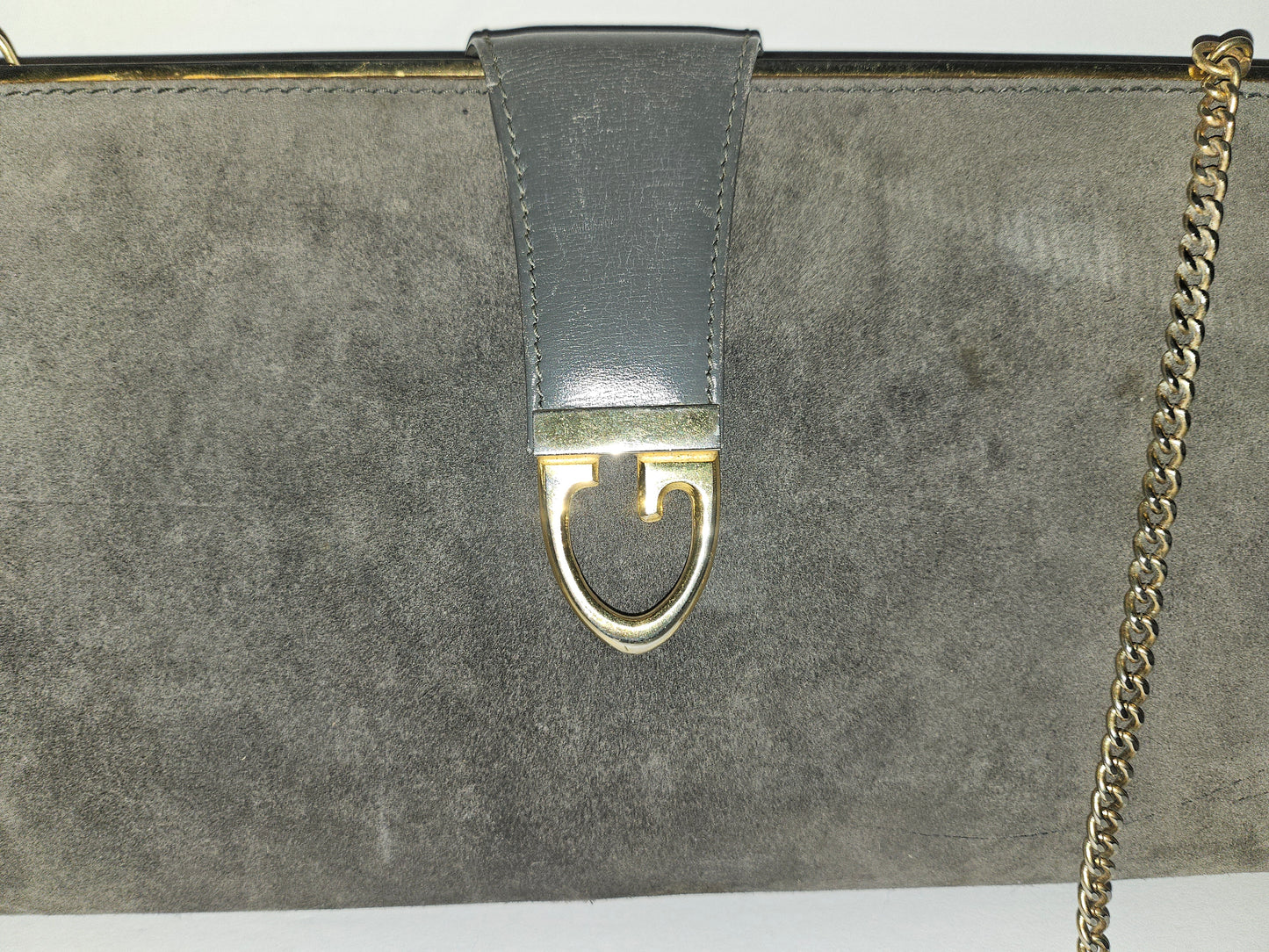 Gucci grey suede hinged top two-way bag w gold chain strap!