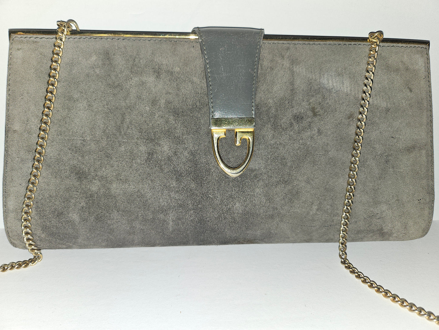 Gucci grey suede hinged top two-way bag w gold chain strap!