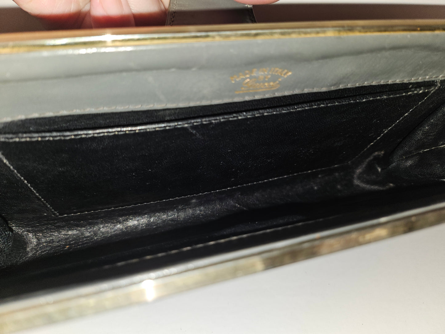 Gucci grey suede hinged top two-way bag w gold chain strap!