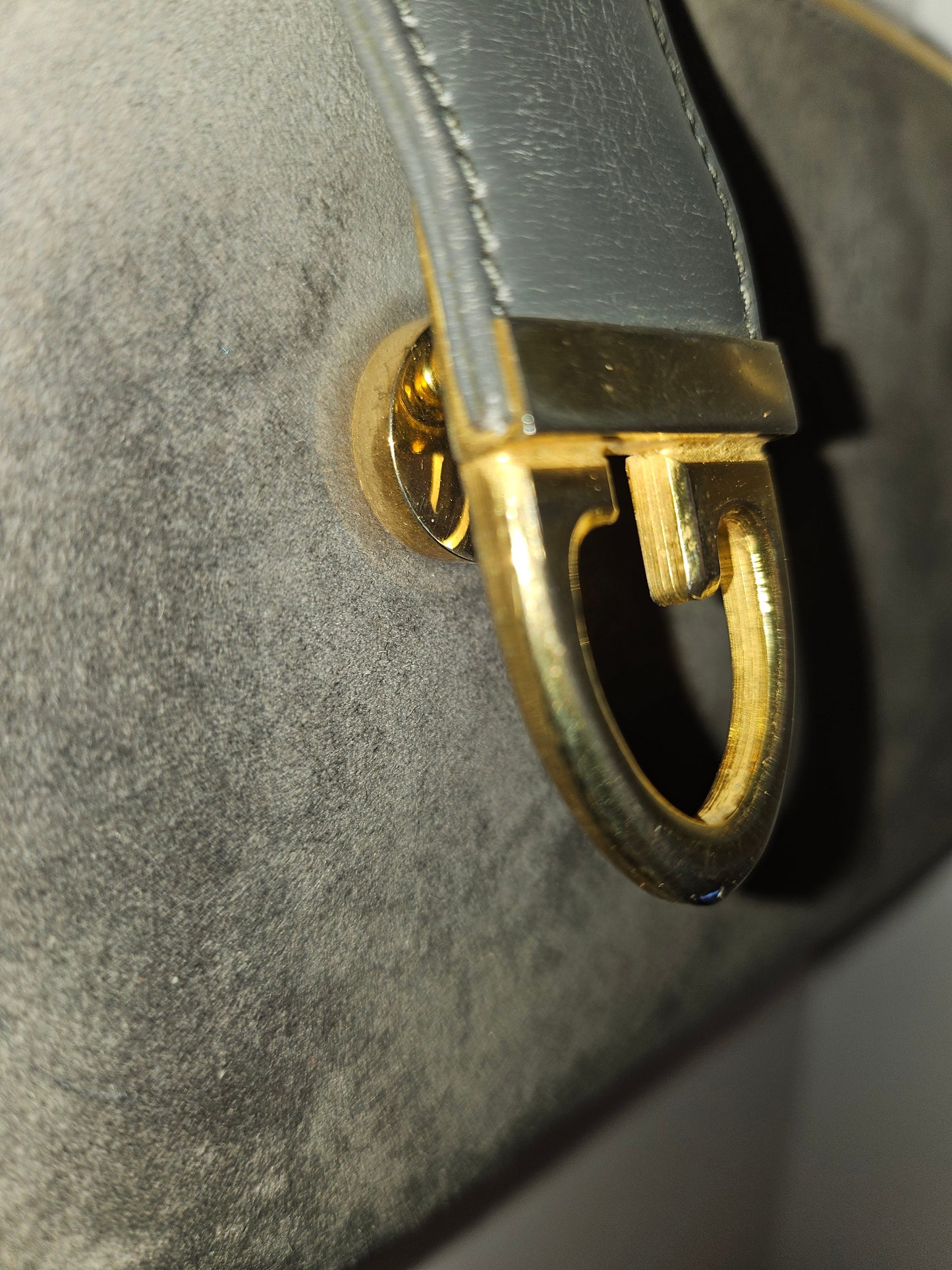 Gucci grey suede hinged top two-way bag w gold chain strap!