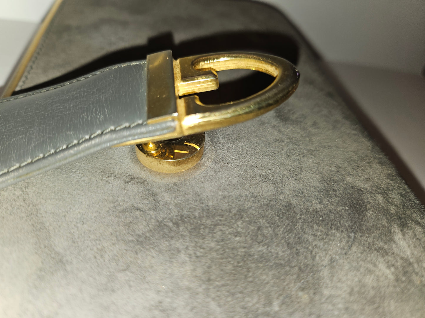 Gucci grey suede hinged top two-way bag w gold chain strap!