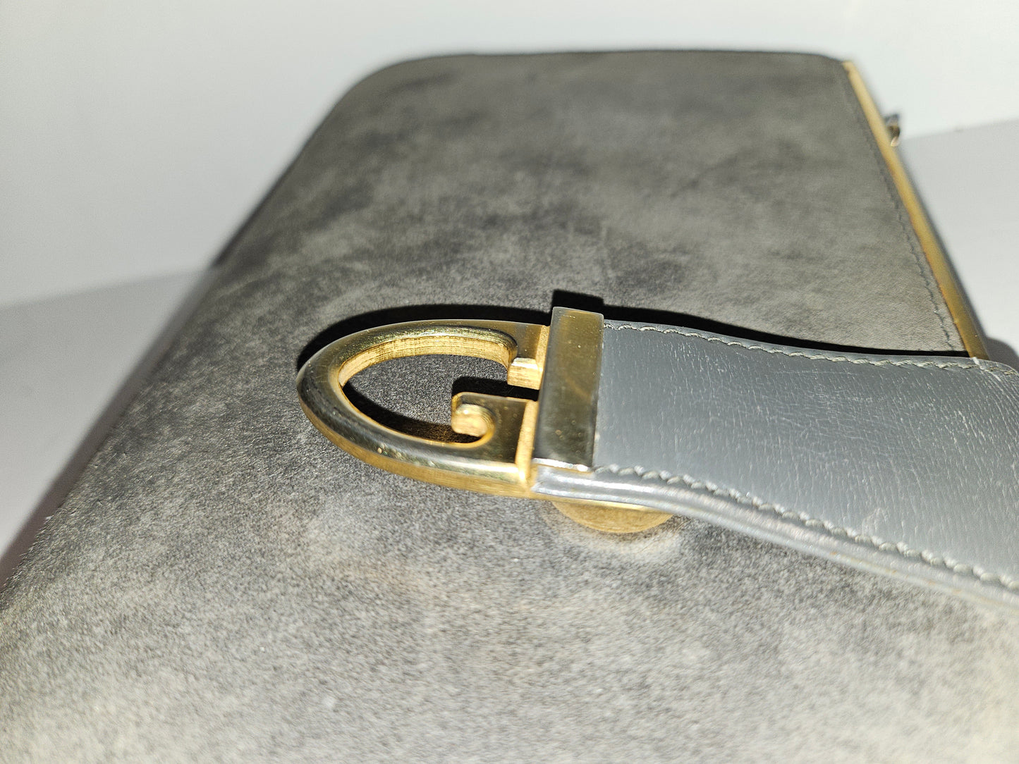 Gucci grey suede hinged top two-way bag w gold chain strap!