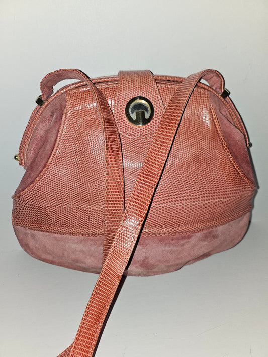 Gucci pink suede & reptile leather clam shell top purse