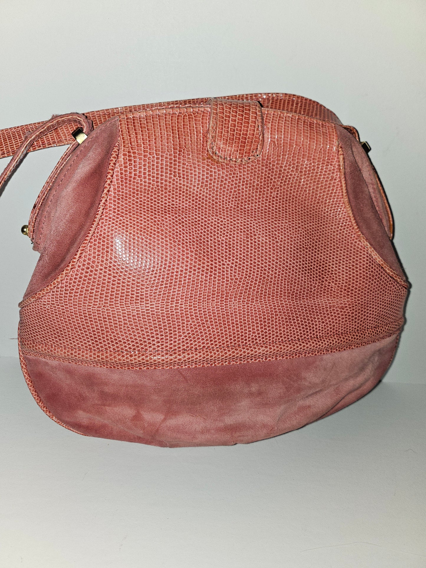 Gucci pink suede & reptile leather clam shell top purse