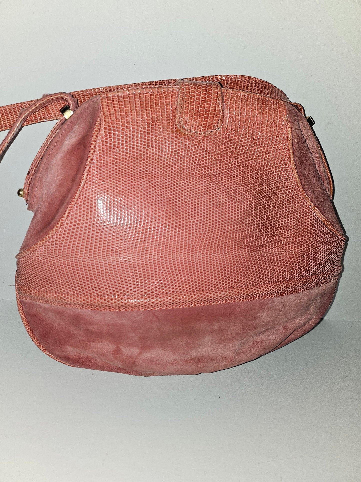 Gucci pink suede & reptile leather clam shell top purse