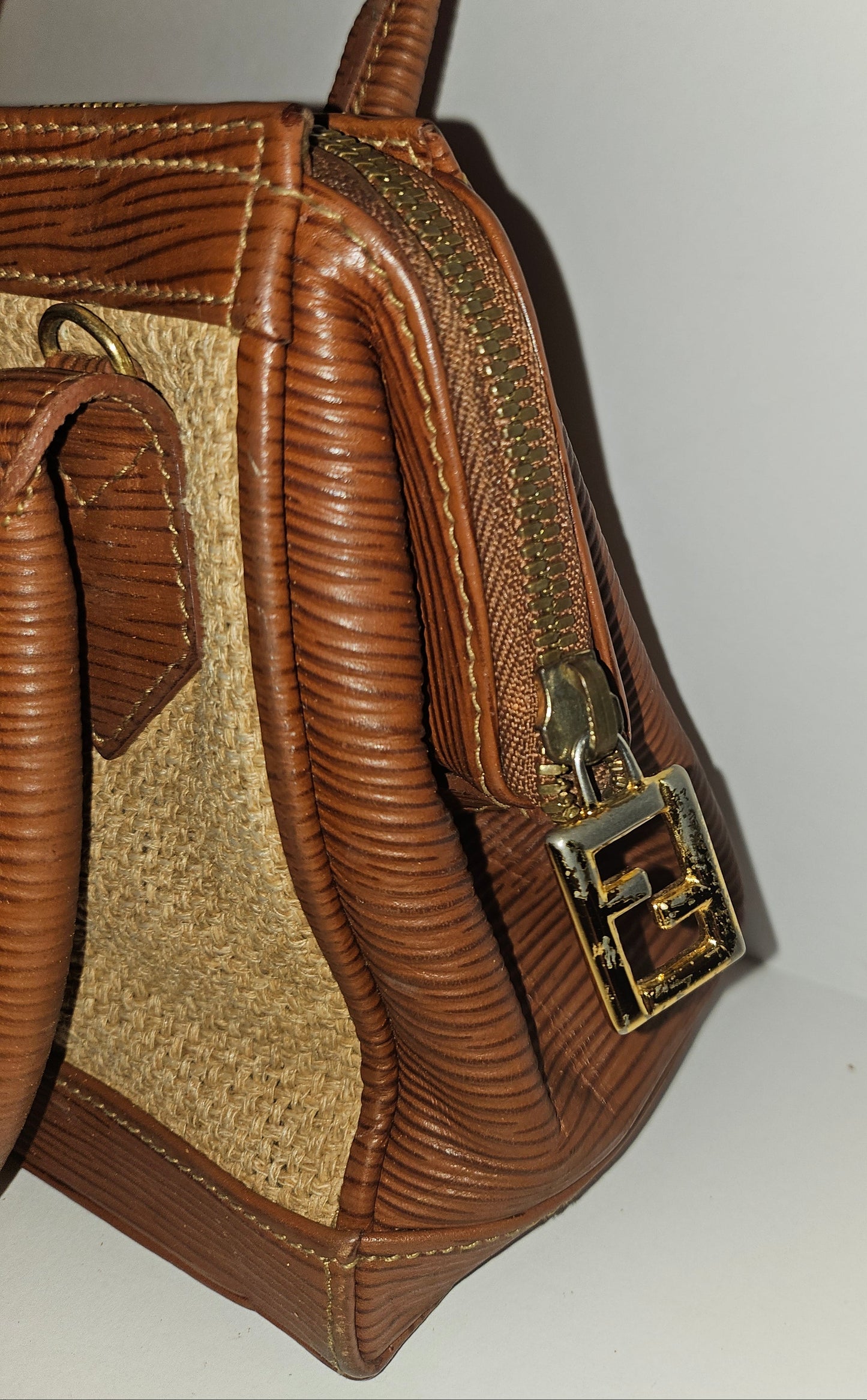 Fendi Raffia & Textured Brown Leather Two-Way Satchel