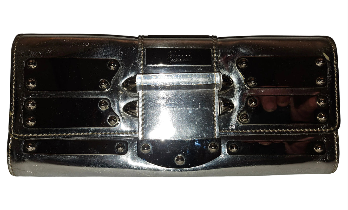 Gucci silver leather clutch with Lucite & chrome accents!
