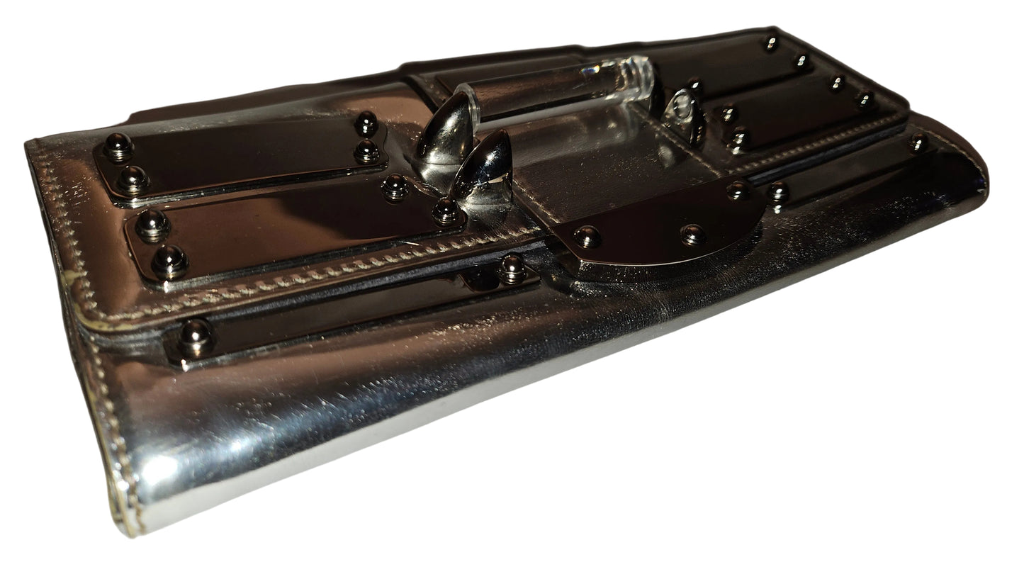 Gucci silver leather clutch with Lucite & chrome accents!