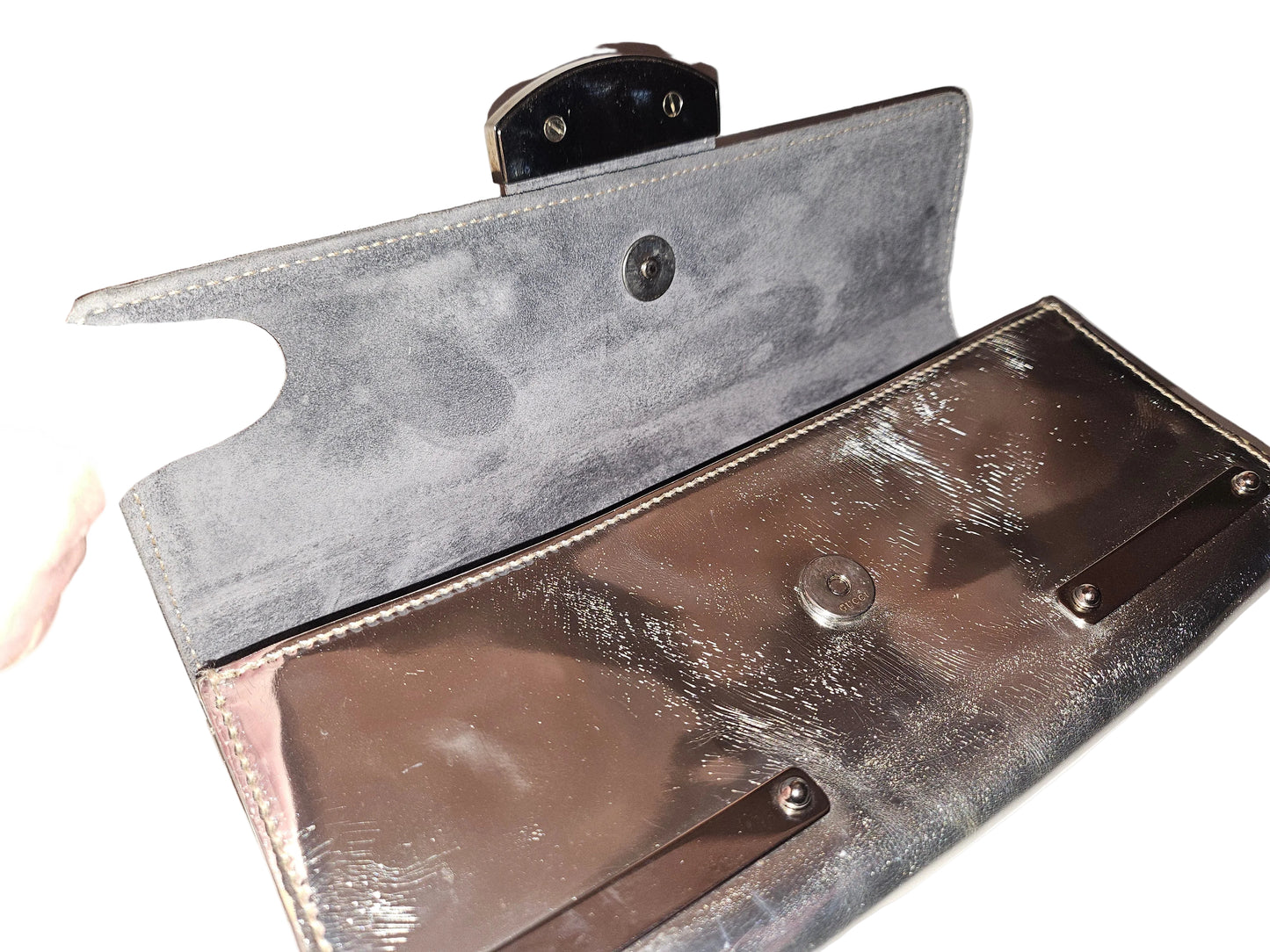 Gucci silver leather clutch with Lucite & chrome accents!