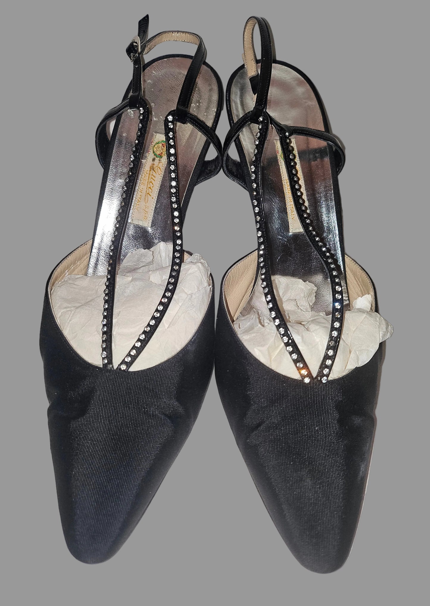 Gucci silk over leather heels with rhinestone accents in size 39.5