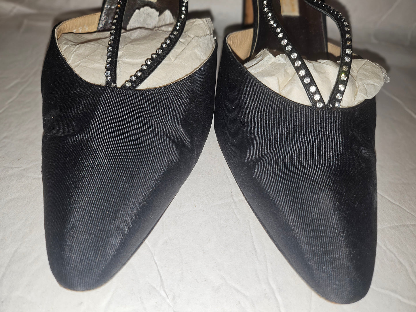 Gucci silk over leather heels with rhinestone accents in size 39.5
