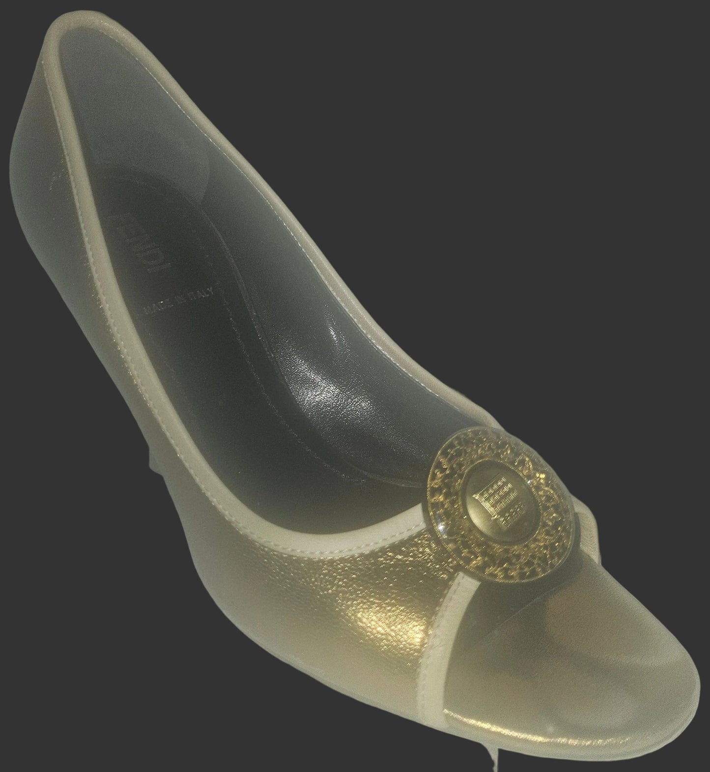 Fendi 37 glossy bronze leather heels with XL gold FF logo coins