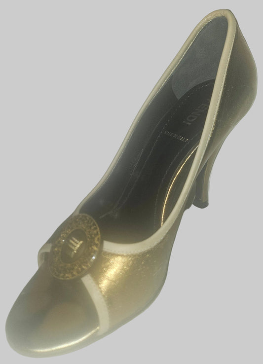Fendi 37 glossy bronze leather heels with XL gold FF logo coins