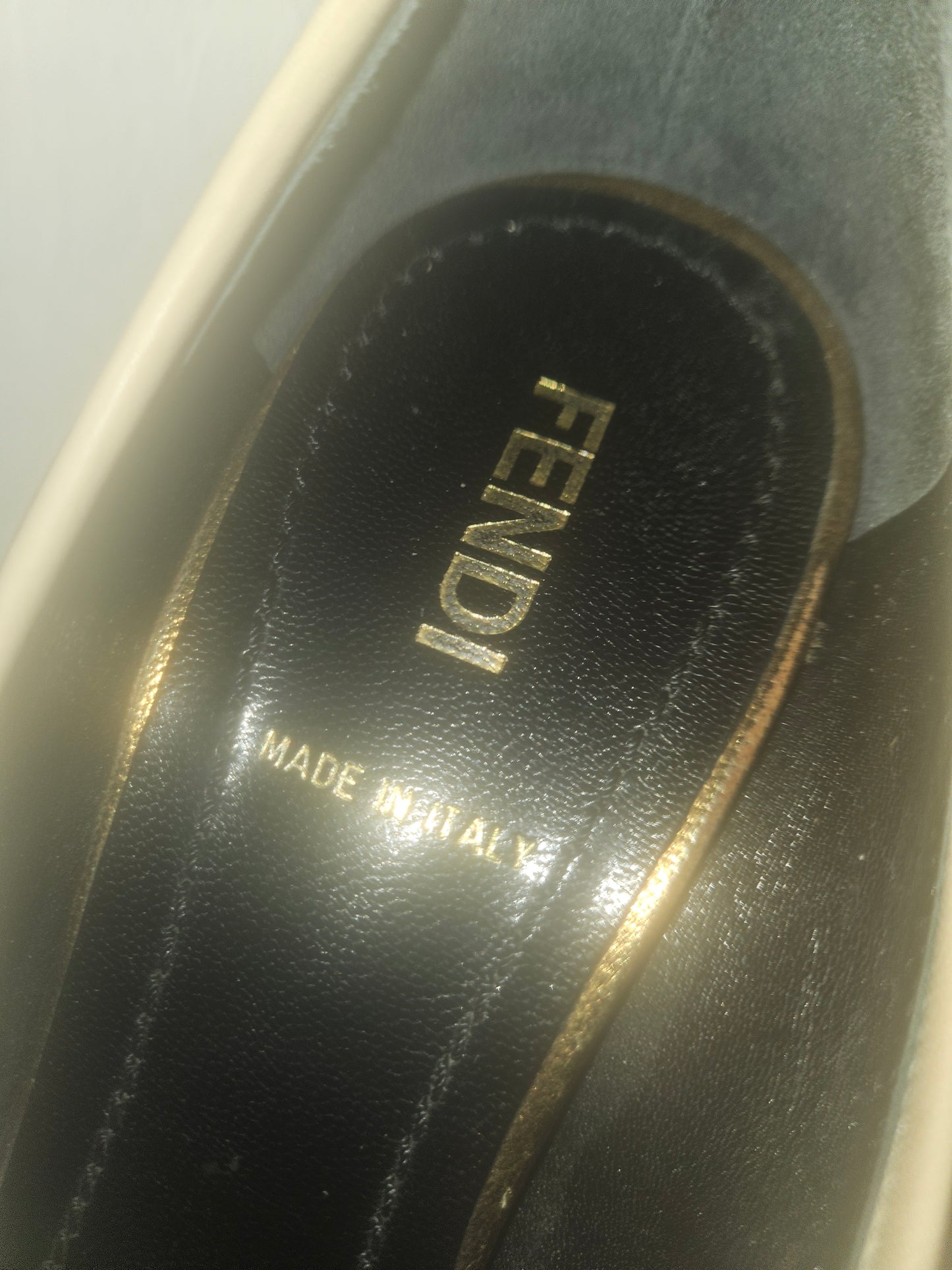 Fendi 37 glossy bronze leather heels with XL gold FF logo coins