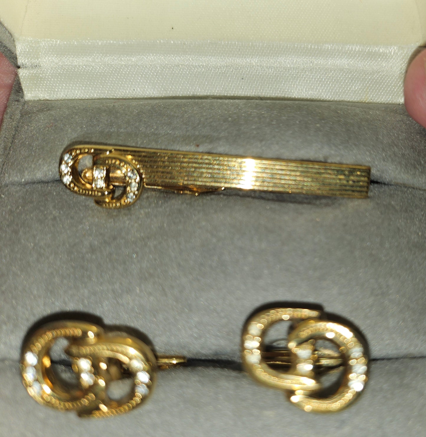 Christian Dior boxed set of gold & crystal cufflinks & tie clip- New old stock!
