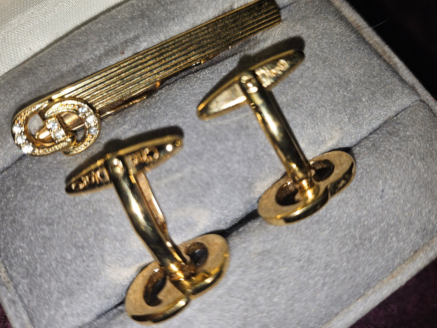 Christian Dior boxed set of gold & crystal cufflinks & tie clip- New old stock!